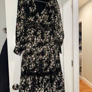 Aqua Black Floral Long Sleeve Dress